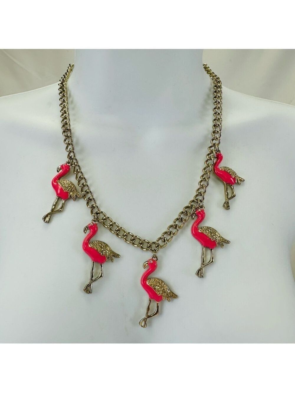 Flamingo enameled necklace 5 birds on a goldtone chain with extender
